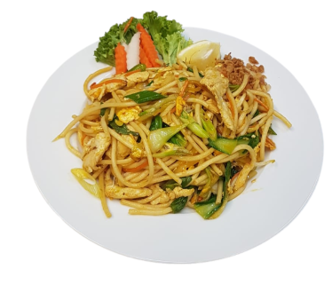 Udon-Nudeln gebr. mit Hühnerfleisch